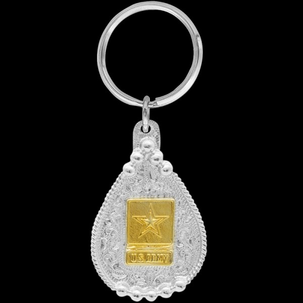 Gold Army, Hooah! This keychain includes a beautiful rope border, an Army emblem, and a key ring attachment. Each silver key chain is built with our white metal 